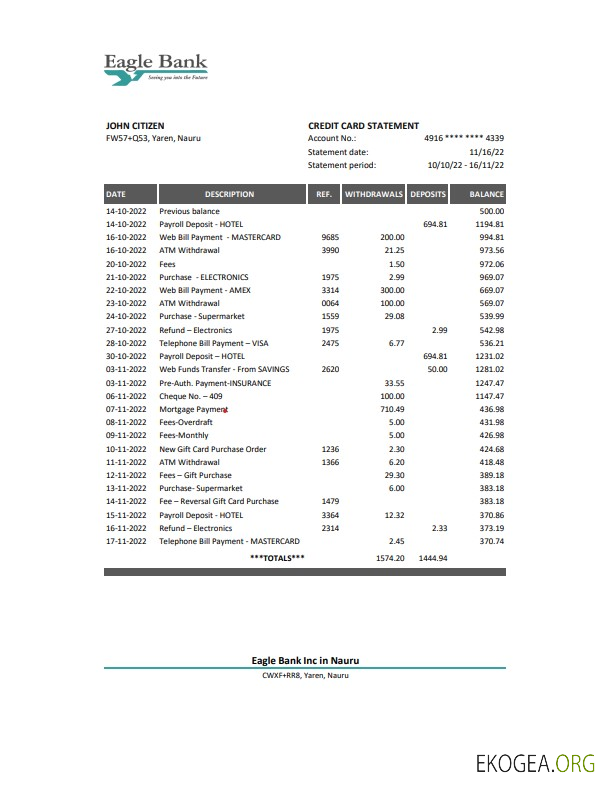 Modèle Excel et PDF de relevé bancaire de Nauru Eagle